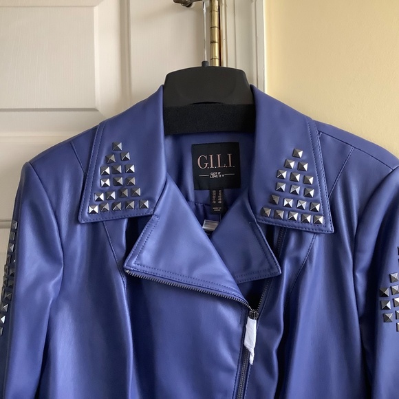 G.I.L.I. Faux Leather Peplum Motorcycle Jacket Deep Cobalt SZ 12 - Picture 5 of 16